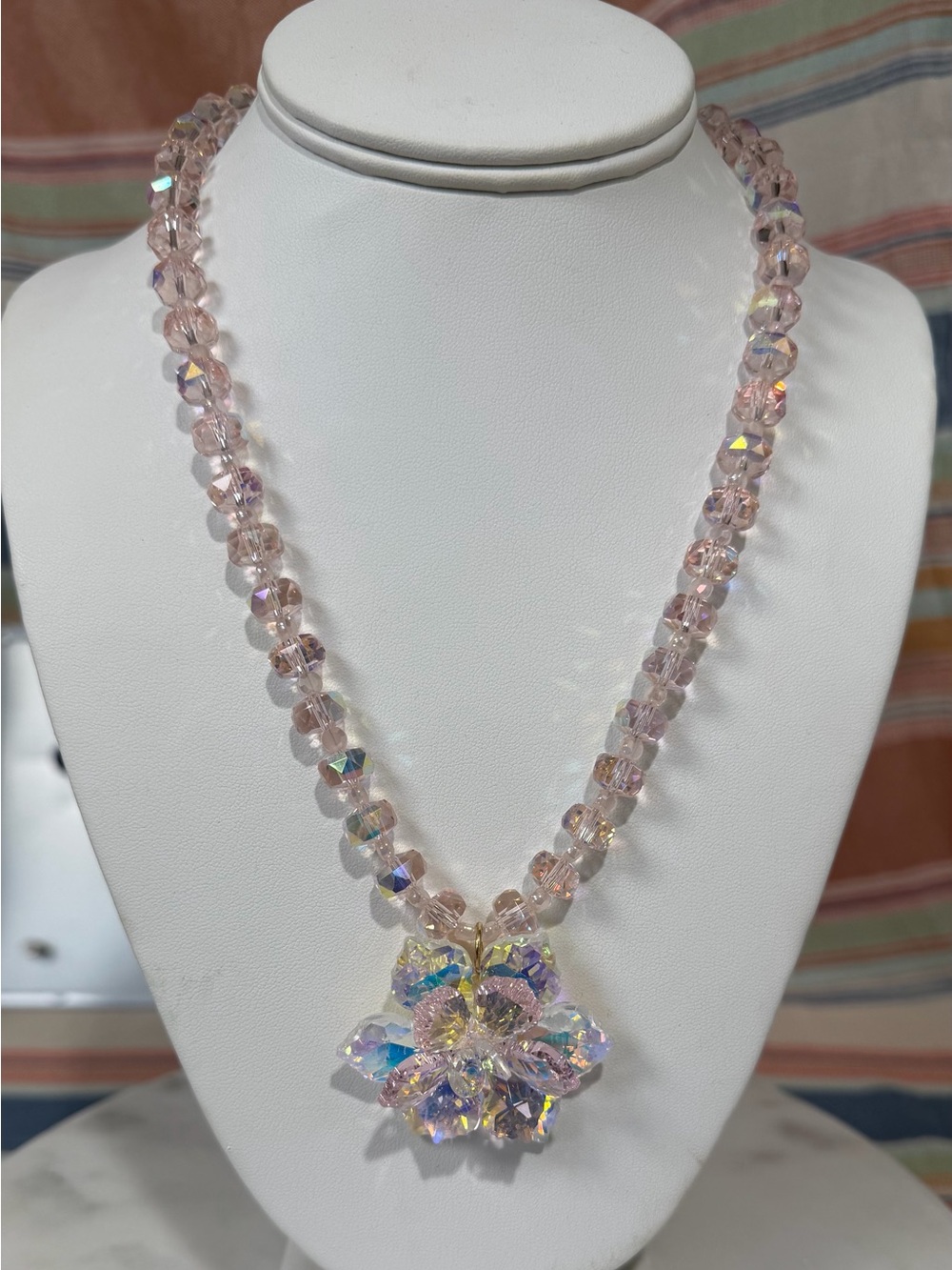 Handmade Pink AB Crystal Flower Pendant Necklace